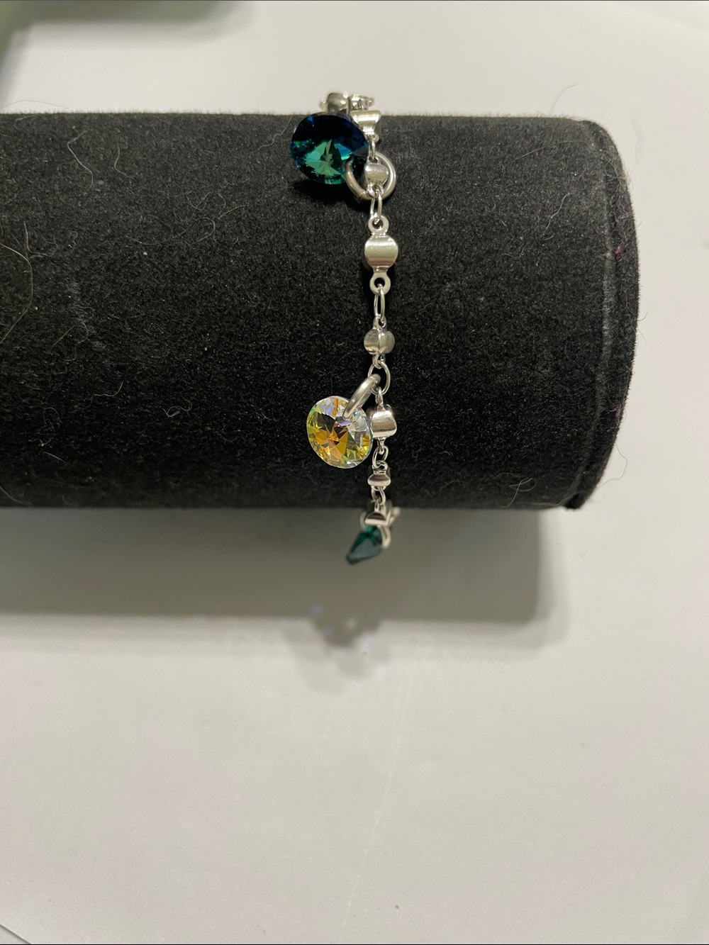 Silver Bracelet with Teal and Aurora Crystal Charms. 9/6/6/2
